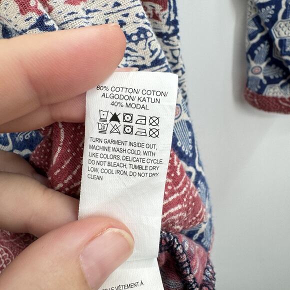 Lucky Brand Boho Printed Cotton Knit Top Sz 2X Red Blue Casual Office Split Neck - Picture 6 of 11